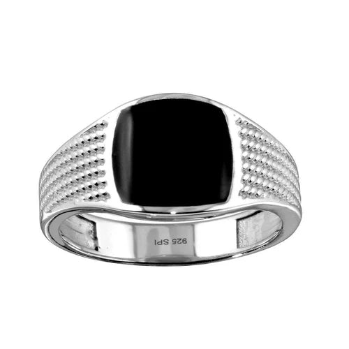 925 Sterling Silver Rhodium Plated Black Enamel Rope Design Shank Ring