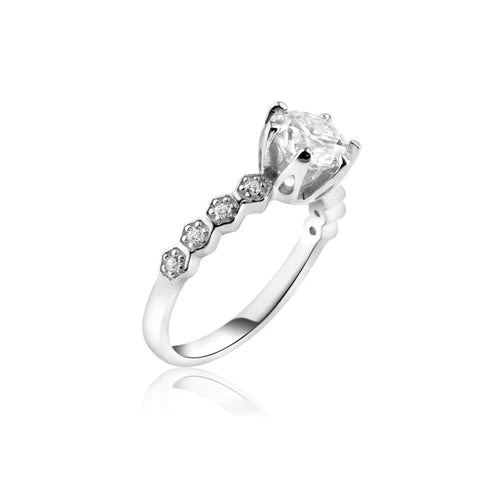 925 Sterling Silver Rhodium Plated 1 Carat Round Moissanite and Clear CZ Ring