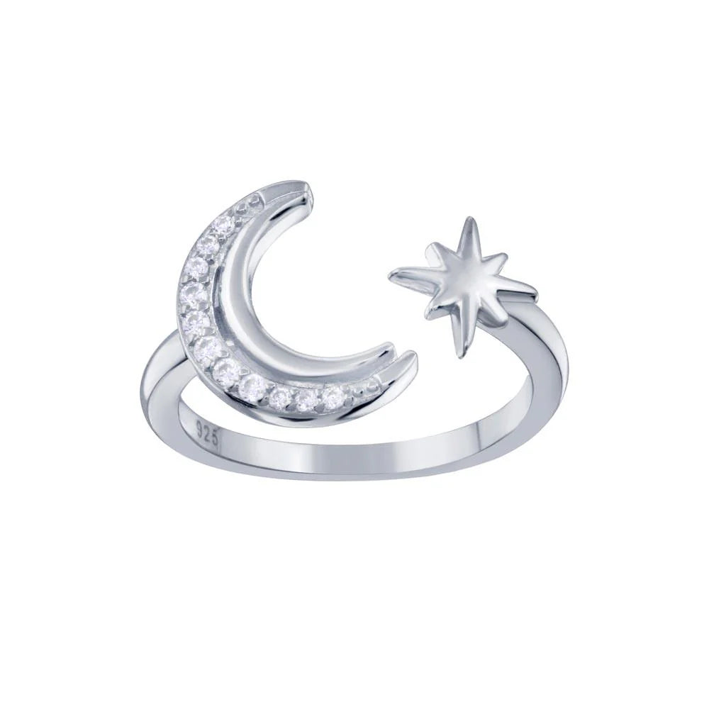 925 Sterling Silver Rhodium Plated Cresent Moon and Star CZ Ring
