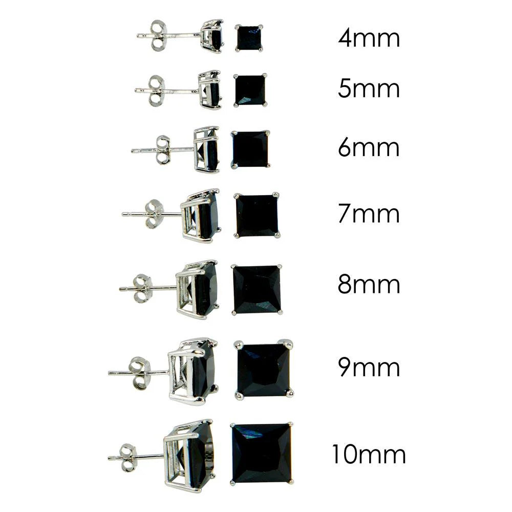 925 Sterling Silver Rhodium Plated Square Basket Black CZ Stud Earring