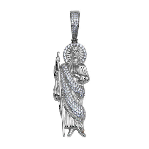 925 Sterling Silver Rhodium Plated CZ St Jude Hip Hop Pendant