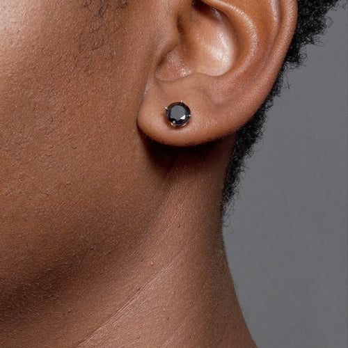 925 Sterling Silver Rhodium Plated Round Basket Black CZ Stud Earring