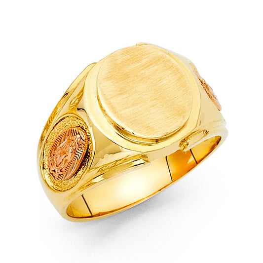 14K Two Tone Gold Men’s Signet Ring with Virgin of Guadalupe Side Accents