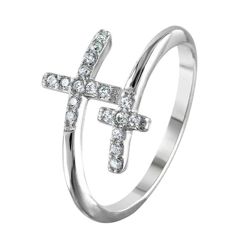 925 Sterling Silver Rhodium Plated Double CZ Cross Ring