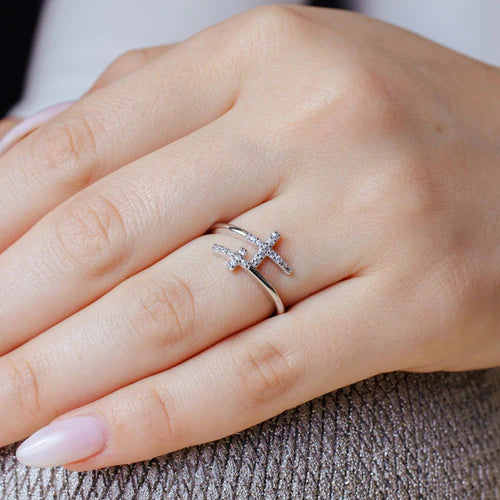 925 Sterling Silver Rhodium Plated Double CZ Cross Ring