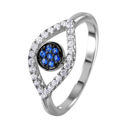 925 Sterling Silver Rhodium Plated Open Evil Eye Ring with Blue Center Stones