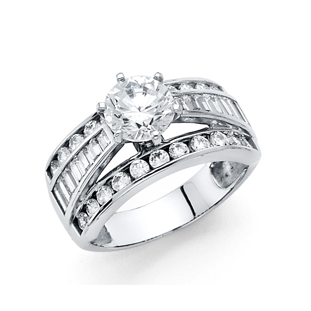 14K White Gold Round & Baguette Cubic Zirconia Women's Engagement Ring
