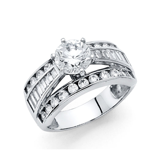 14K White Gold Round & Baguette Cubic Zirconia Women's Engagement Ring