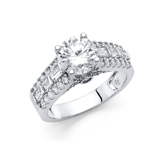 14K White Gold Round & Baguette Cubic Zirconia Women's Engagement Ring