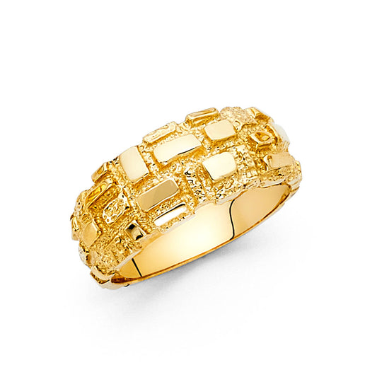 14K Yellow Gold Men’s Nugget Design Rectangle Pattern Band Ring