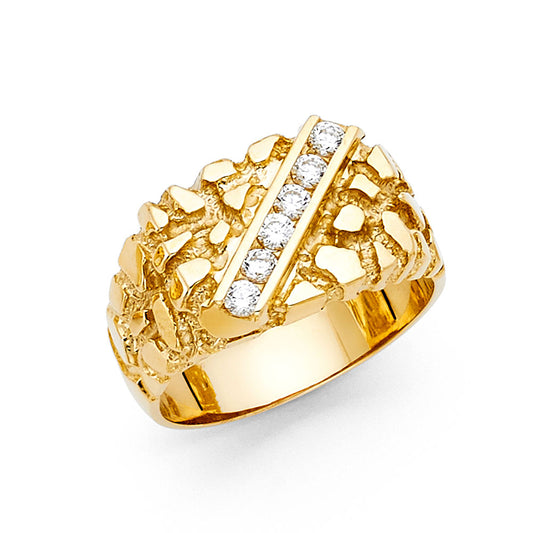 14K Yellow Gold Men’s Nugget Design Ring with Cubic Zirconia Accent