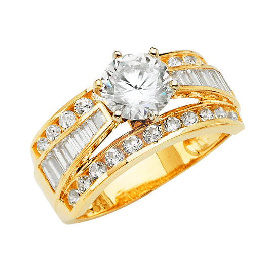 14K Yellow Gold Round & Baguette Cubic Zirconia Women's Engagement Ring