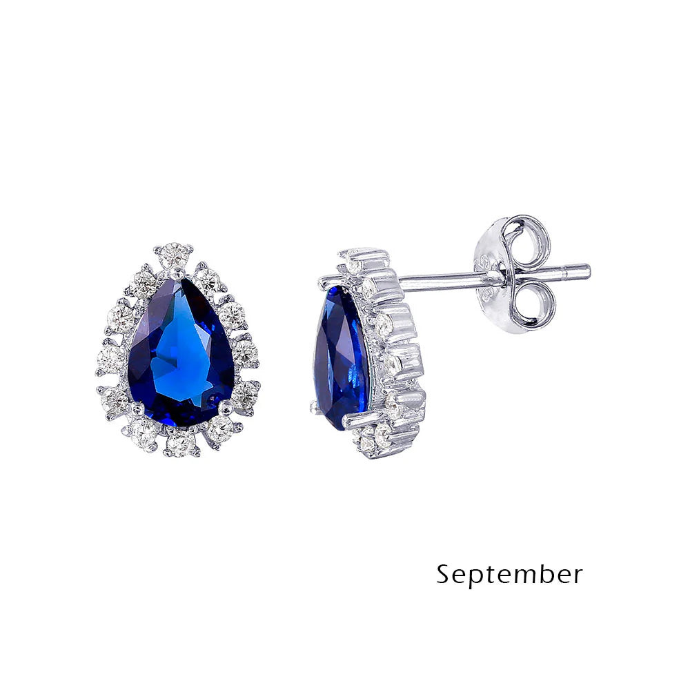 925 Sterling Silver Rhodium Plated Teardrop Halo CZ Birthstone Earrings
