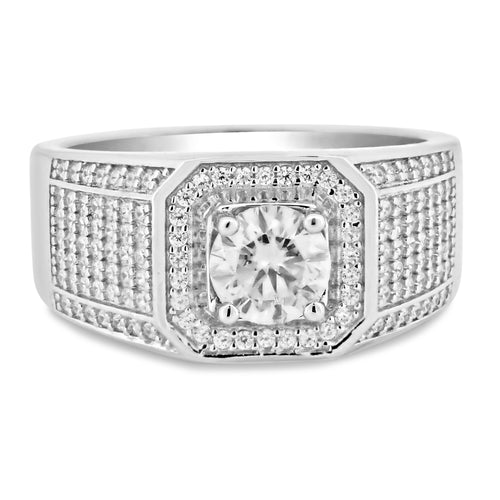 925 Sterling Silver Rhodium Plated Men's 1 Carat Moissanite Stones Encrusted Statement Ring