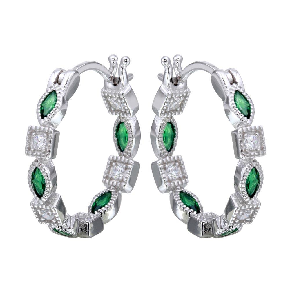 925 Sterling Silver Rhodium Plated Inner and Outer Green Clear CZ Hoop Earrings