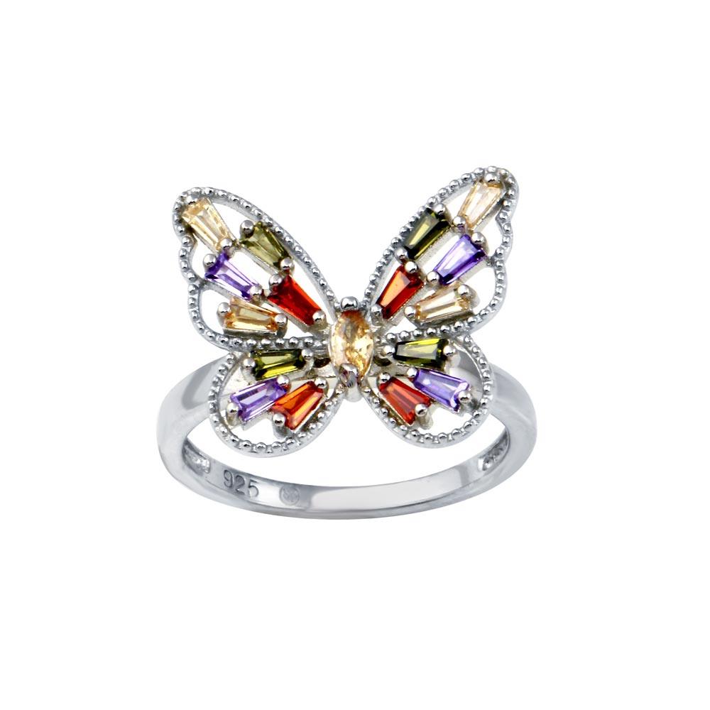 925 Sterling Silver Rhodium Plated Multi Color Baguette CZ Butterfly Ring