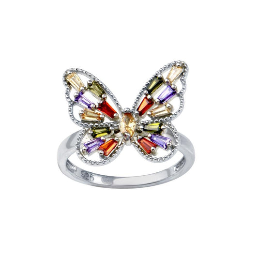 925 Sterling Silver Rhodium Plated Multi Color Baguette CZ Butterfly Ring