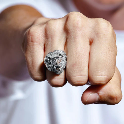 925 Sterling Silver Rhodium Plated Lion CZ Ring