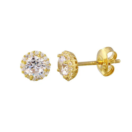 925 Sterling Silver Gold Plated CZ Halo Stud Earrings