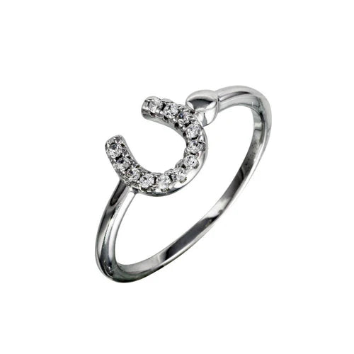 925 Sterling Silver Rhodium Plated CZ Encrusted Horse Shoe Ring