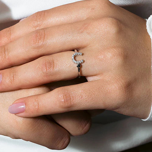 925 Sterling Silver Rhodium Plated CZ Encrusted Horse Shoe Ring