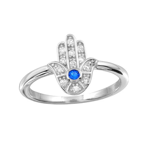 925 Sterling Silver Rhodium Plated Blue Hamsa Ring with CZ
