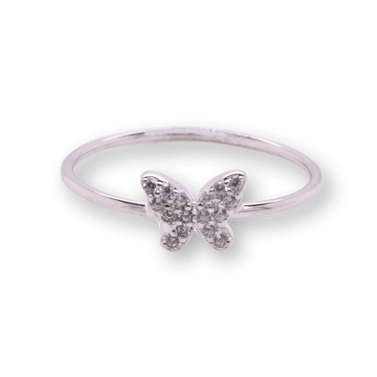 925 Sterling Silver Rhodium Plated Butterfly 1mm Clear CZ Ring