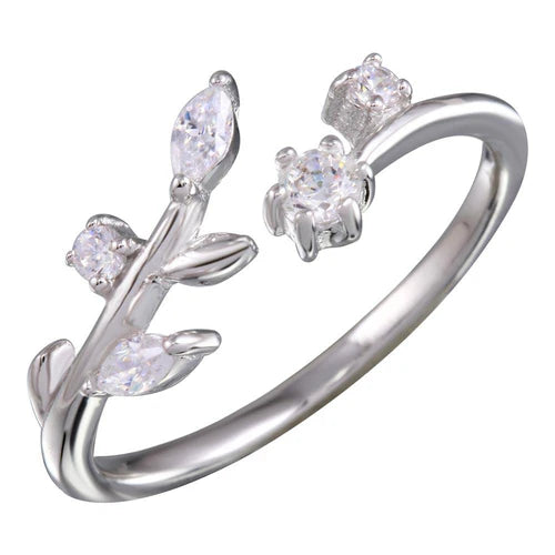925 Sterling Silver Rhodium Plated Stem Ring with CZ