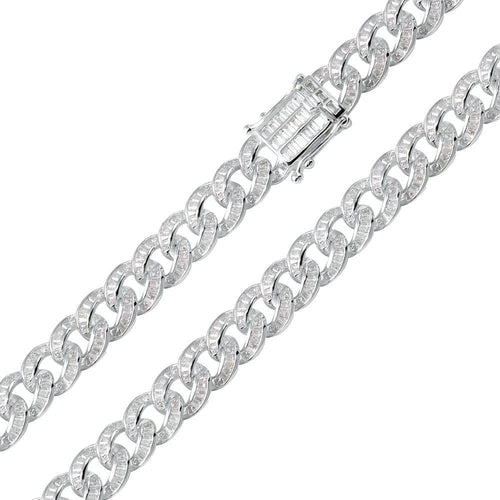 925 Sterling Silver Rhodium Plated Baguette CZ Encrusted Curb Chain or Bracelet 10.9mm