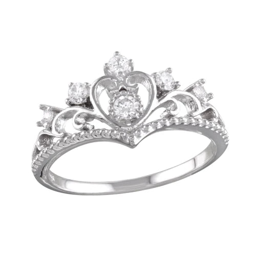 925 Sterling Silver Rhodium Plated Heart Tiara Ring with CZ