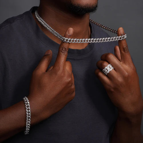 925 Sterling Silver Rhodium Plated Baguette CZ Encrusted Curb Chain or Bracelet 10.9mm
