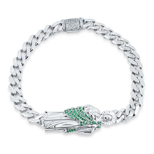 925 Sterling Silver Rhodium Plated St Jude Green CZ Cuban 6.5mm Bracelet