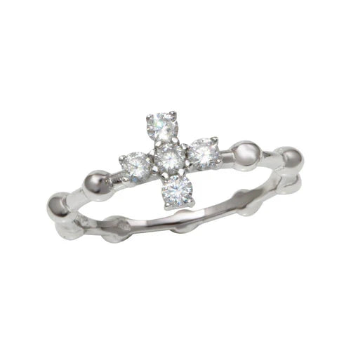 925 Sterling Silver Rhodium Plated Beaded Shank CZ Cross Ring
