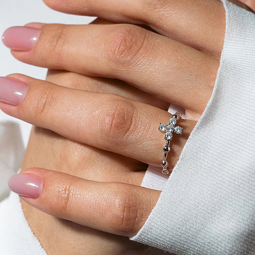 925 Sterling Silver Rhodium Plated Beaded Shank CZ Cross Ring