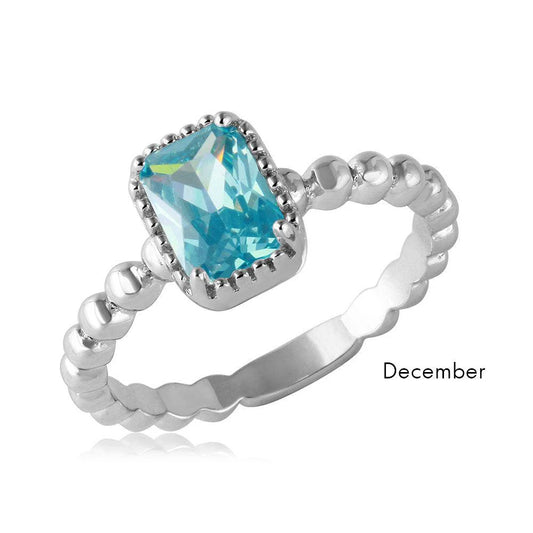 925 Sterling Silver December Rhodium Plated Beaded Shank Square Center Birthstone Ring