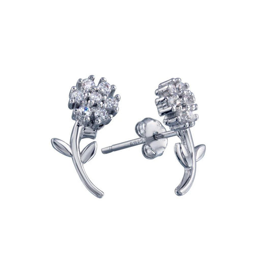 925 Sterling Silver Rhodium Plated  Flower CZ Stud Earring