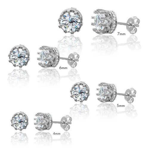 925 Sterling Silver Rhodium Plated Round Crown Basket Clear CZ Stud Earrings