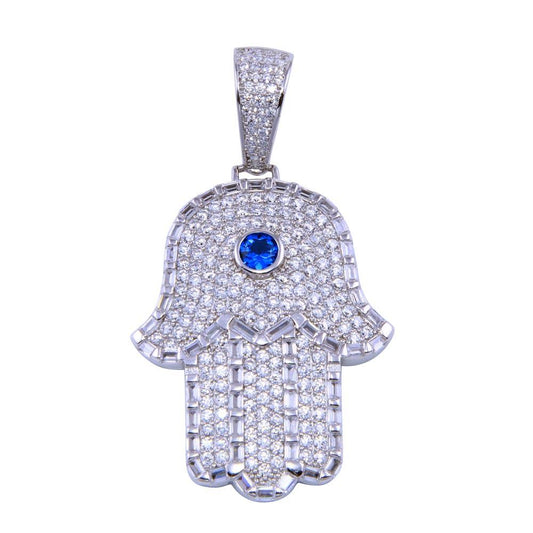 925 Sterling Silver Rhodium Plated Blue CZ Center Hamsa Pendant