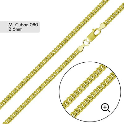 925 Sterling Silver Gold Plated Miami Cuban 080 Chain Link 2.6mm