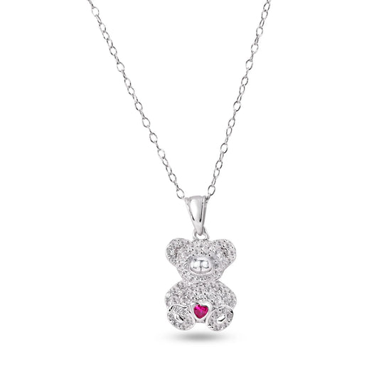 925 Sterling Silver Rhodium Plated Bear Heart Red and Clear CZ Pendant Necklace