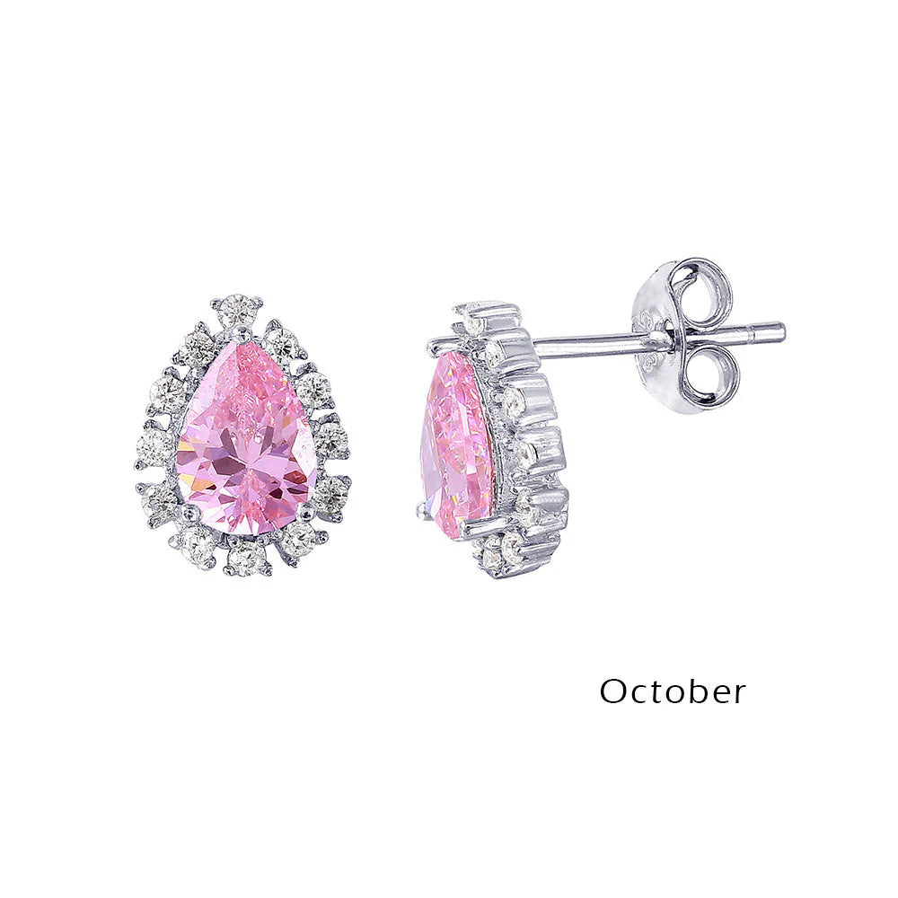 925 Sterling Silver Rhodium Plated Teardrop Halo CZ Birthstone Earrings