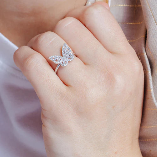 925 Sterling Silver Rhodium Plated Outline Clear CZ Butterfly Ring