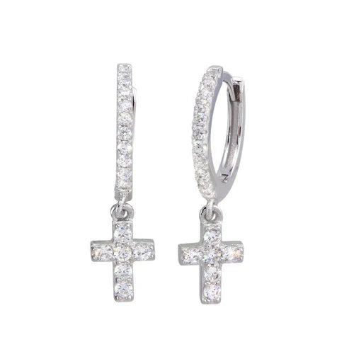 925 Sterling Silver Rhodium Plated Dangling Cross CZ huggie hoop Earrings