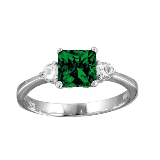 925 Sterling Silver Rhodium Plated Green CZ Center Stone Ring