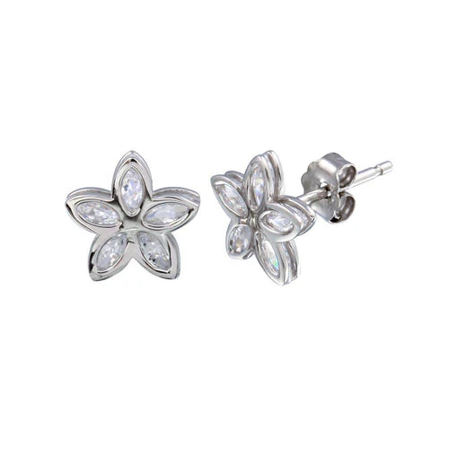 925 Sterling Silver Rhodium Plated Flower CZ Stud Earring