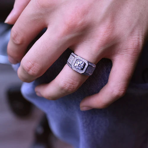 925 Sterling Silver Rhodium Plated Men's 1 Carat Moissanite Stones Encrusted Statement Ring