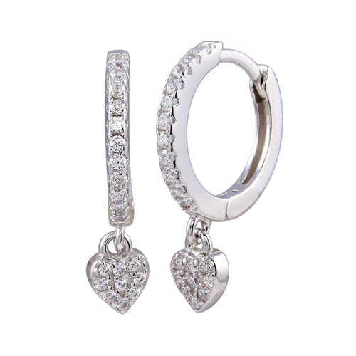925 Sterling Silver Rhodium Plated Dangling CZ Heart huggie hoop Earring