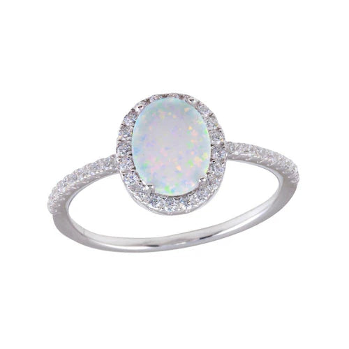 925 Sterling Silver Rhodium Plated Oval Solitaire Synthetic Opal CZ Ring