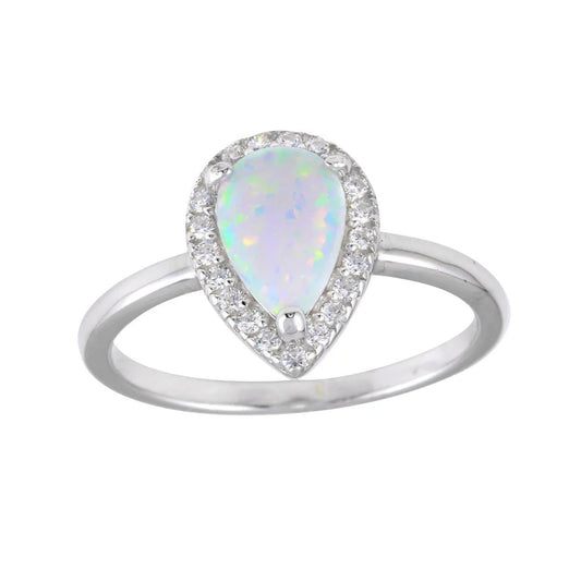 925 Sterling Silver Rhodium Plated Teardrop Synthetic Opal CZ Ring