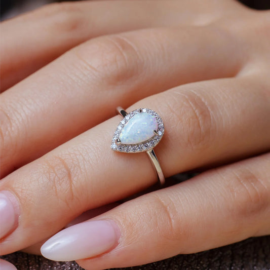 925 Sterling Silver Rhodium Plated Teardrop Synthetic Opal CZ Ring